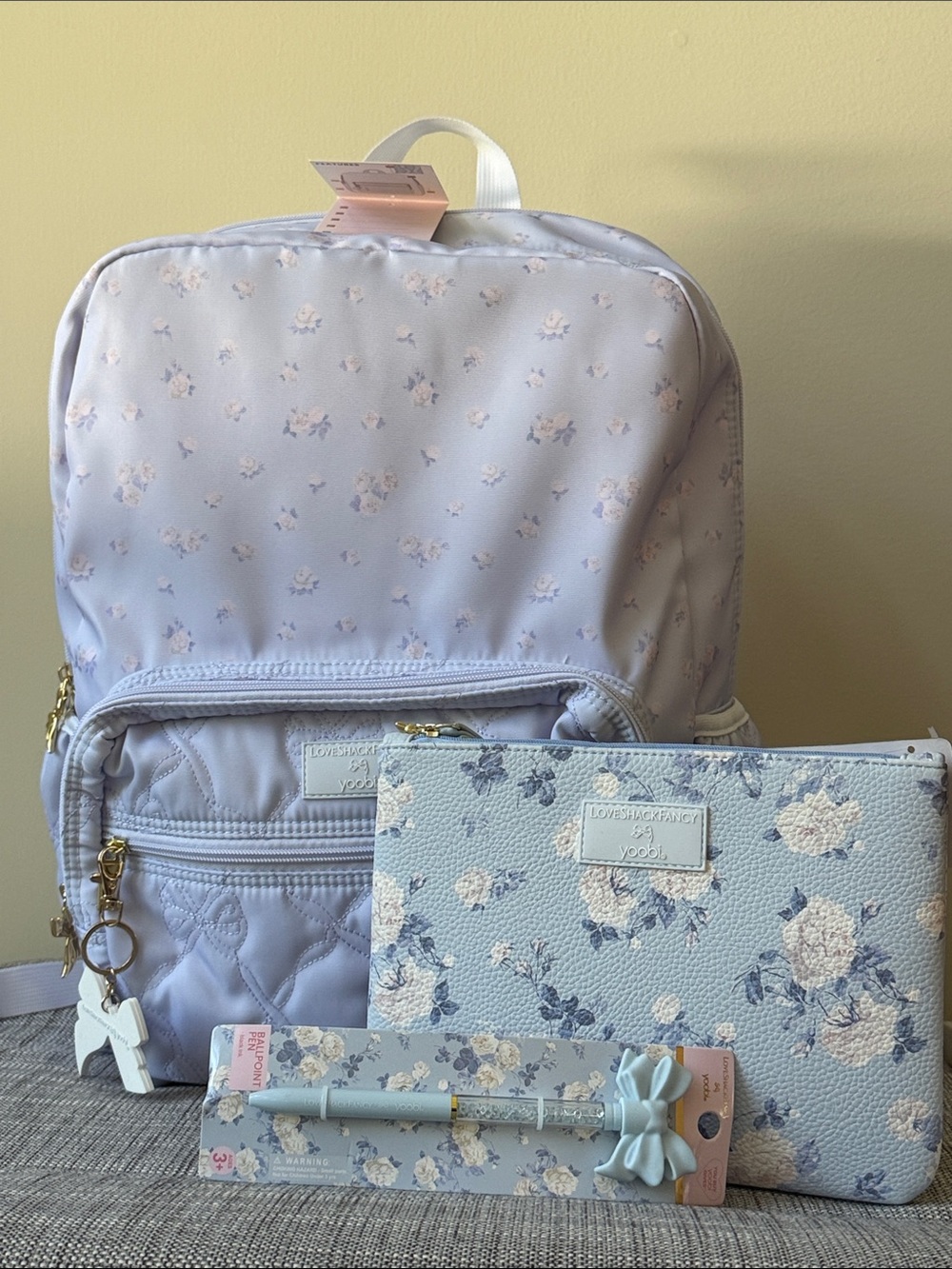 LoveShackFancy Yoobi Everblooming Rosettes Ditsy Backpack bag breezy blue bundle